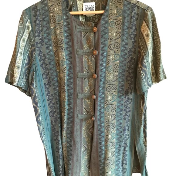 R&M Richards 70s Asian Blouse: Lightweight Tunic Olive Green Gold Size 12 Petite - Picture 7 of 8